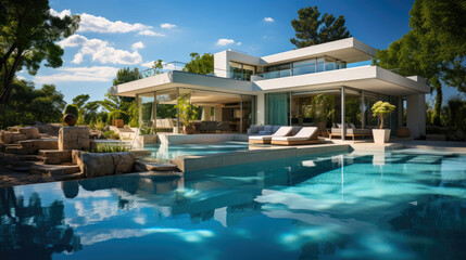 Fototapeta premium Modern villa with swimming pool. Generative AI