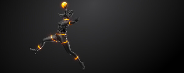 Abstract silhouette of a handball player on black background. Handball player woman are throws the ball.