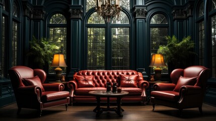 Fototapeta na wymiar Elegant dark interior with bright red armchairs, 3d render. Created with generative AI.