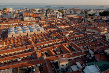 The famous Grand Bazaar in Istanbul, Turkey. Aerial view of the roof of the Grand Bazaar in sunny weather. Shopping In Istanbul. Indoor market. Drone view of the roof of the Grand Bazaar in Istanbul