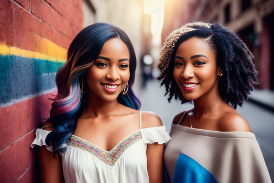 Digital photo of stylish young smiling women, standing in downtown neighborhood of the city. Back to School concept. Generative AI