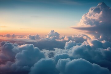 the view from the plane reveals white clouds at sunset. AI Generated