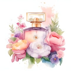 Perfumery, aroma, a bottle of perfume surrounded by flowers. Floral fragrance, watercolor on a white background. flower composition. Generated by AI
