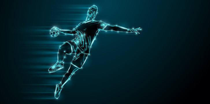 Abstract silhouette of a handball player on black background. Handball player man are throws the ball.
