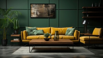 Home interior mock-up with green sofa, table and decor in living room, 3d render. Created with generative AI.