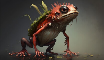 Red skin color creature frog style monster frog creature with spike on his back frog with long nose teeth conceptart digitalart digitalpainting photobashing 4k render no background 