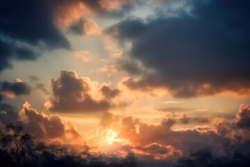 Obraz premium sun rays coming down through a cloudy sky. AI Generated