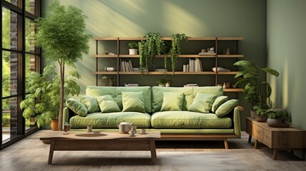 Home interior mock-up with green sofa, table and decor in living room, 3d render. Created with generative AI.