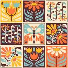 Scandinavian seamless pattern. Nordic folk floral mosaic. Abstract tile print, patchwork or fabric. Ornamental stylized graphic. Naive simple geometrical Illustration. © Vigurskaia Sofiya