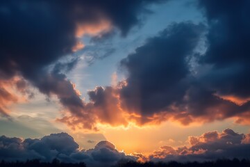 sunbeams through the clouds, the sun rays shining against the looming clouds. AI Generated