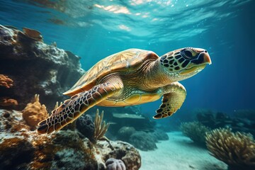 Obraz na płótnie Canvas close up of a Turtle underwater. Generative AI