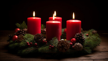 Obraz na płótnie Canvas Glowing candle illuminates dark winter night, decorating pine tree generated by AI