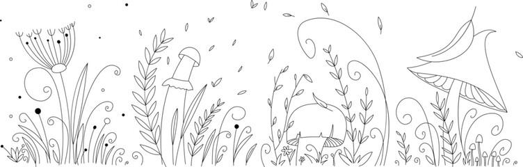 Naklejka premium Vector linear background of forest plants. Mushroom with a large cap. Plants, curls, flowers. There is a leaf on the cap of the mushroom. Children's autumn coloring