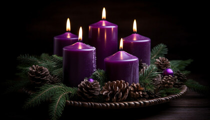 Obraz na płótnie Canvas Candlelight illuminates pine cone decoration on winter table arrangement generated by AI