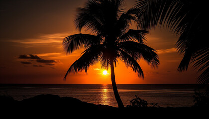 Silhouette palm tree back lit by orange sunset over tranquil water generated by AI