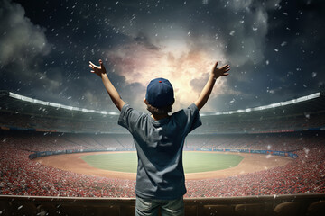 Fototapeta na wymiar Rejoicing baseball player against the backdrop of the stadium. raises his hands up in a gesture of victory. Generative AI