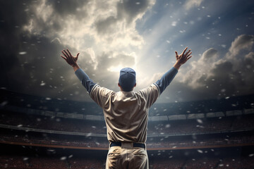 Fototapeta na wymiar Rejoicing baseball player against the backdrop of the stadium. raises his hands up in a gesture of victory. Generative AI
