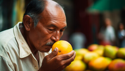 Senior man holding fresh citrus fruit, enjoying healthy eating outdoors generated by AI