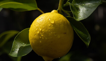 Juicy lemon drop on fresh green leaf, nature healthy refreshment generated by AI