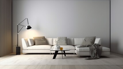 Front view of a modern minimalist living room. Empty white walls, large comfortable corner sofa with pillows and plaid, coffee table, trendy floor lamp, carpet, home decor. Mockup, 3D rendering.