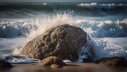 Idyllic tropical coastline, waves crashing, spray spraying, relaxation at waters edge generated by AI