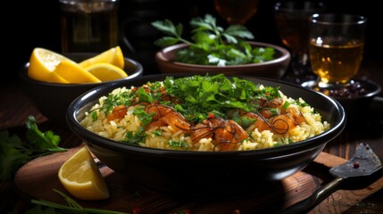 Traditional Turkish Pilav in a bowl, close-up. Created with generative AI.