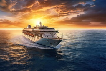 Aerial view of luxury white cruise ship in tropical sea. Beautiful sky, bright sunset over the horizon. The concept of summer cruise vacation and travel. 3D rendering. - obrazy, fototapety, plakaty