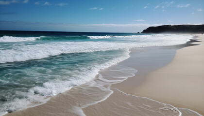 Fototapeta na wymiar Tranquil seascape blue waves crash on sandy coastline, idyllic beauty generated by AI