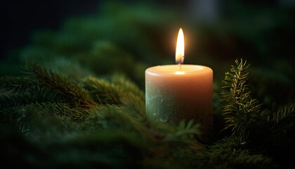 Glowing candle illuminates winter night, symbol of spirituality and celebration generated by AI