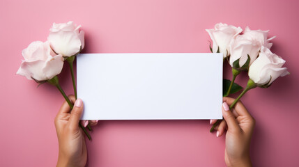 Womans hands holding blank card and white roses on pink background. Generative AI.