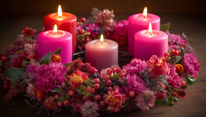 Obraz na płótnie Canvas Aromatherapy candle illuminates bouquet of vibrant flowers on table generated by AI