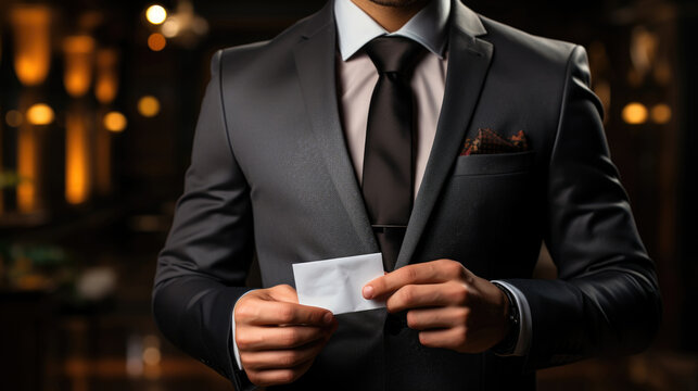Close-up of a man in a suit holding a business card. Generative AI.