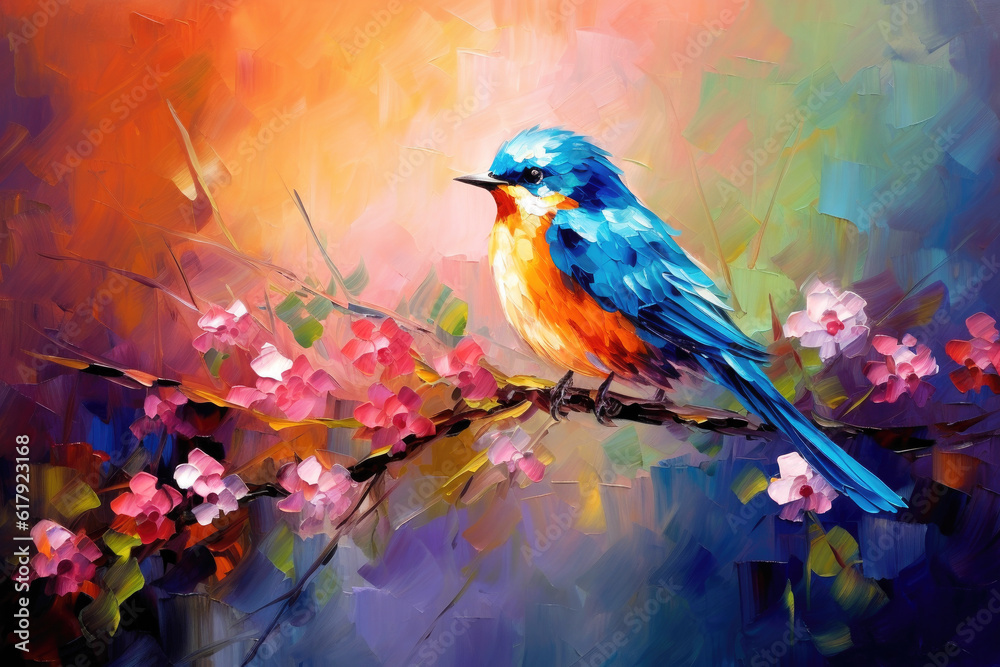 Wall mural Orange Blue Bird Sitting on Spring Branch Acrylic Painting. Canvas Texture, Brush Strokes.