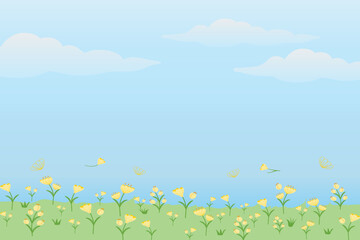 Spring Landscape with flowers and blue sky with cloud cartoon background vector illustration. Summer spring background ,poster, school, summer holiday, farmer market.