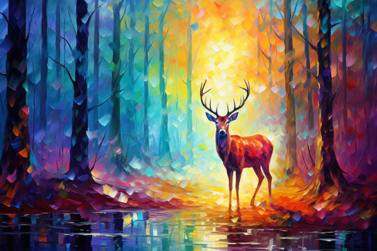 Red Deer Standing in Autumn Fall Forest Painting. Canvas Texture.