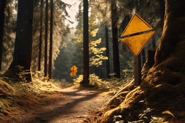 wooden arrow signs in the background of trees. Generative AI