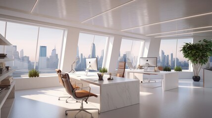 Fototapeta premium Hi-tech style open space office in a modern urban building. Large luxury tables with chairs, desktop computers, plants in pots, panoramic windows with city view. Comfortable working environment.
