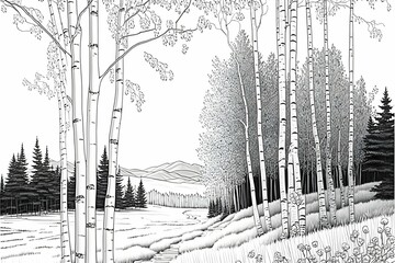 coloring book page beautiful landscape grove of aspen trees birch trees thick forest black and white 