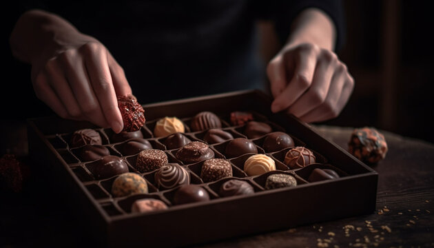 Hand Holding Homemade Gourmet Chocolate Truffle Box, Dark And Milk Generated By AI