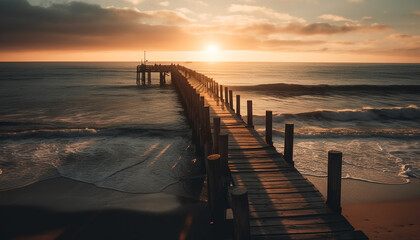 Fototapeta na wymiar Tranquil scene of sunset over water, wood jetty and coastline generated by AI