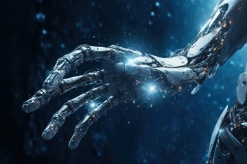 Fototapeta na wymiar Close up image of cyborg hand, anthropomorphic hand, metal and wires. Futuristic digital age, robotics, digital technologies, scientific and technological progress. Blurred blue background.