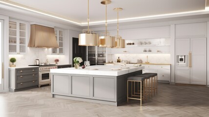 Modern classic white kitchen in a luxury apartment. Large kitchen island with marble top and bar stools, glazed cabinets, luxurious chandelier, gilded details, modern kitchen appliances. 3D rendering.