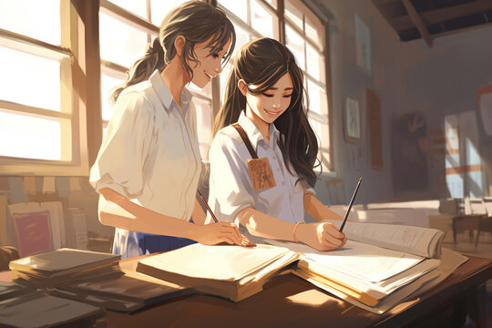 two teenage girls writing in a classroom, in the style of thai art.. Generative AI. The character is not real 