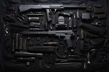 various weapons and tools in a black blanket.. Generative AI - obrazy, fototapety, plakaty