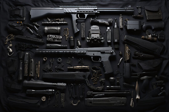 various weapons and tools in a black blanket.. Generative AI