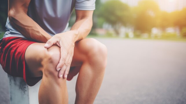 Close up, man touching his knee, knee pain health condition