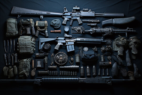 various weapons and tools in a black blanket.. Generative AI