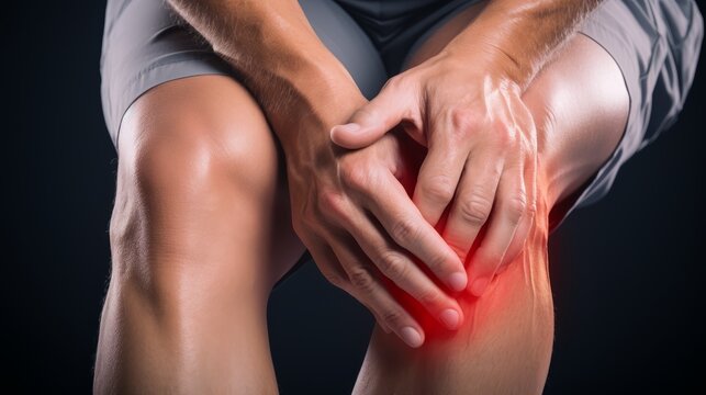 Close up, man touching his knee, knee pain health condition