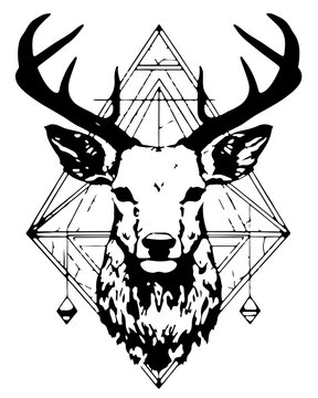 black and white deer on the background of a boho style triangle motif, a symbol of indigenous indians from north america, generative AI