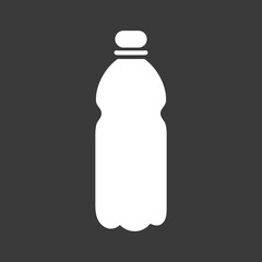 Plastic bottle flat design in black and white. Negative space. Vector illustration isolated on dark background. Beverage liquid drink container sign symbol. Simple silhouette. Icon, template for logo